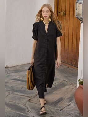 LANHTROPY ATHINA MIDI LINEN DRESS BLACK Puff Sleeve shirt dress